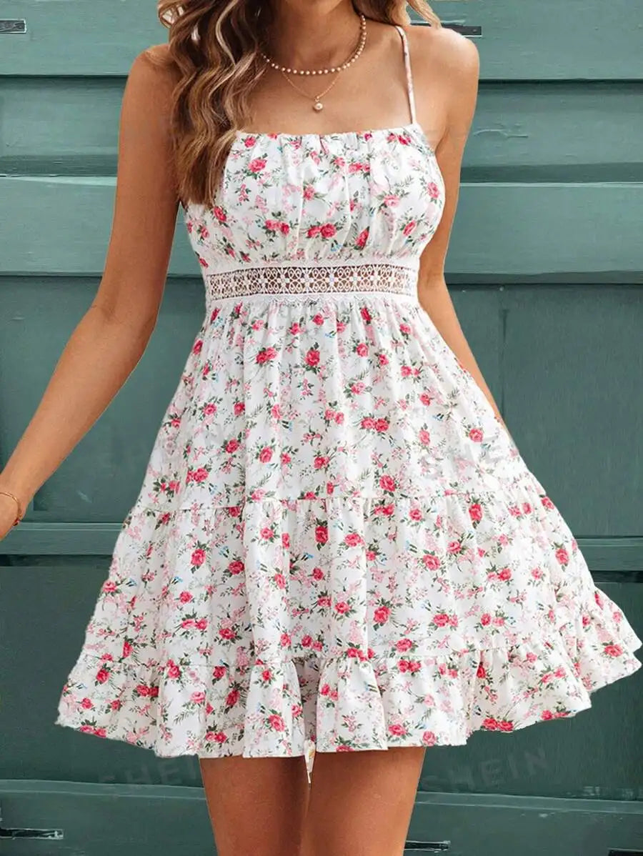 4-Color Sweet Printed A-Line Dress Women Sleeveless Patchwork Lace Waist Mini Dress Summer Beach Camisole Vest Dresses Robe