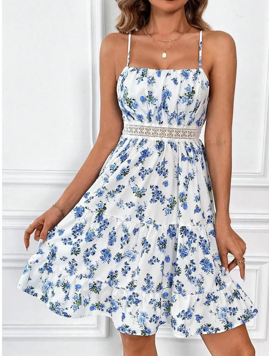 4-Color Sweet Printed A-Line Dress Women Sleeveless Patchwork Lace Waist Mini Dress Summer Beach Camisole Vest Dresses Robe