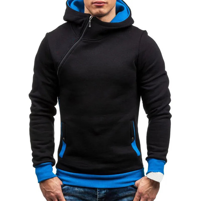 New Casual Solid Mens Hoodies Diagonal Zipper Long Sleeve Hoodie Sweatshirts Men Hoody Pullover Sweatshirt Hooded Sweat Homme