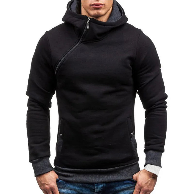 New Casual Solid Mens Hoodies Diagonal Zipper Long Sleeve Hoodie Sweatshirts Men Hoody Pullover Sweatshirt Hooded Sweat Homme