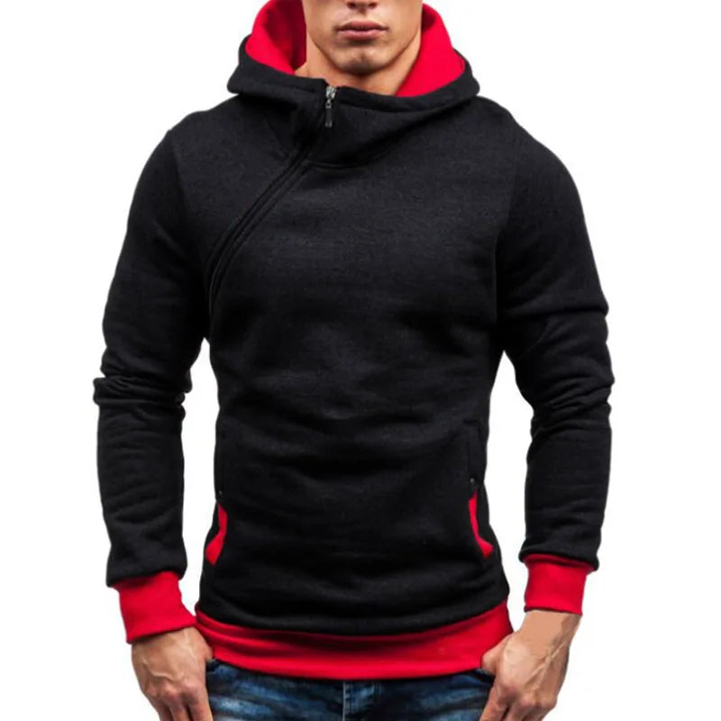 New Casual Solid Mens Hoodies Diagonal Zipper Long Sleeve Hoodie Sweatshirts Men Hoody Pullover Sweatshirt Hooded Sweat Homme