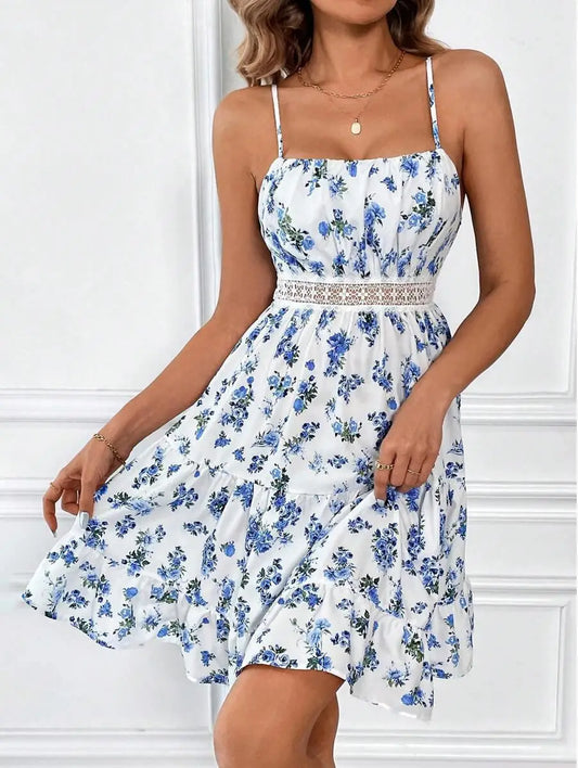4-Color Sweet Printed A-Line Dress Women Sleeveless Patchwork Lace Waist Mini Dress Summer Beach Camisole Vest Dresses Robe