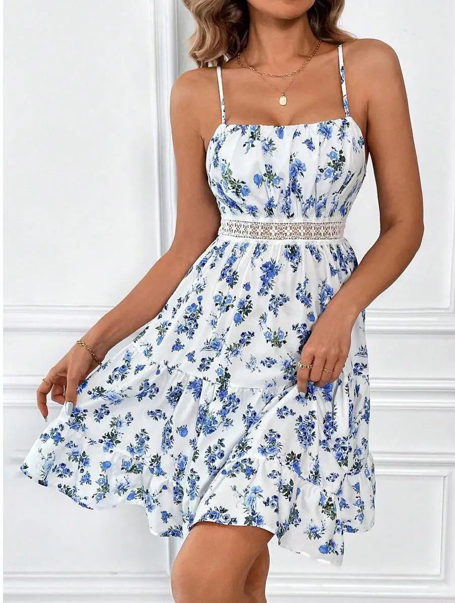 4-Color Sweet Printed A-Line Dress Women Sleeveless Patchwork Lace Waist Mini Dress Summer Beach Camisole Vest Dresses Robe