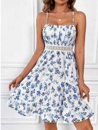 4-Color Sweet Printed A-Line Dress Women Sleeveless Patchwork Lace Waist Mini Dress Summer Beach Camisole Vest Dresses Robe